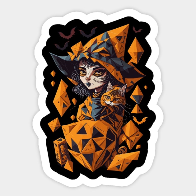 Geometric Halloween Witch with Cat Sticker by Luvleigh